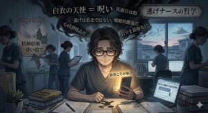夜の薄暗いナースステーションで、アニメ調の男性看護師がデスクに座り、スマホを冷ややかに見つめている。背景には他の忙しそうな看護師たちがおり、壁や頭上には「白衣の天使＝呪い」や「逃げは敗北ではない、戦略的撤退だ」といった、ひねくれた哲学が黒い煙のように漂っている。