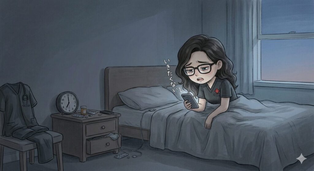 夜勤前にベッドに座り、薄暗い部屋でスマホを見つめながら憂鬱そうな表情をする男性看護師のイラスト