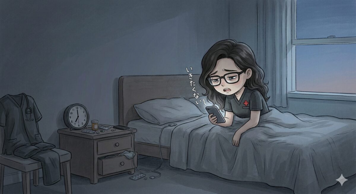 夜勤前にベッドに座り、薄暗い部屋でスマホを見つめながら憂鬱そうな表情をする男性看護師のイラスト